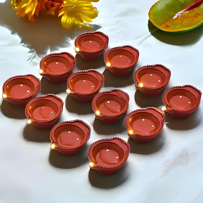 Water Sensor LED Diya for Home Diwali Decoration (Pack of 12) | Smokeless & Fireless LED Light Diyas | Warm Lights Diyas for Diwali Decoration, Festival, Balcony, Garden Home & Office