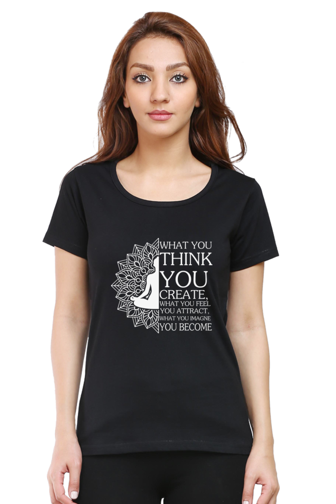 Women Round Neck Half Sleeves Classic T-Shirt - Law Of Attraction Buddha - Anu & Alex