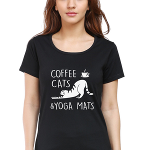 Women Round Neck Half Sleeves Classic T-Shirt - Coffee Cats Yoga Mats - Anu & Alex