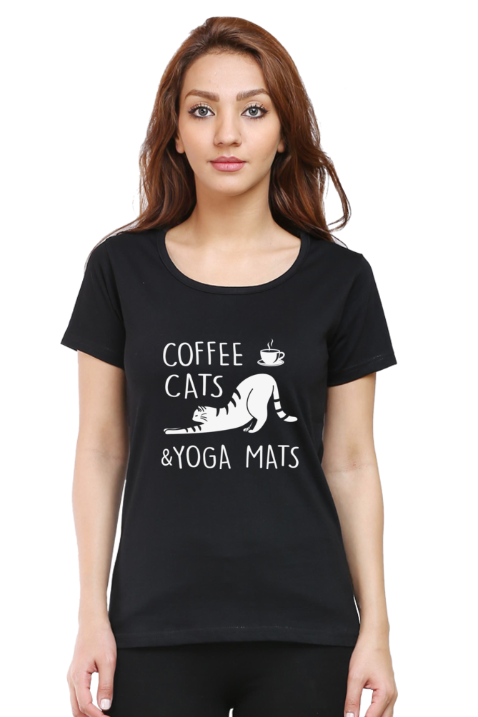 Women Round Neck Half Sleeves Classic T-Shirt - Coffee Cats Yoga Mats - Anu & Alex