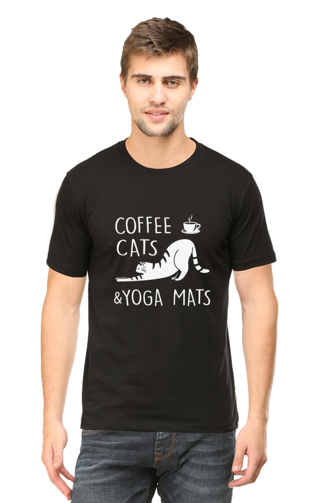 Men Half Sleeves Classic T-Shirt - Coffee Cats Yoga Mats - Anu & Alex