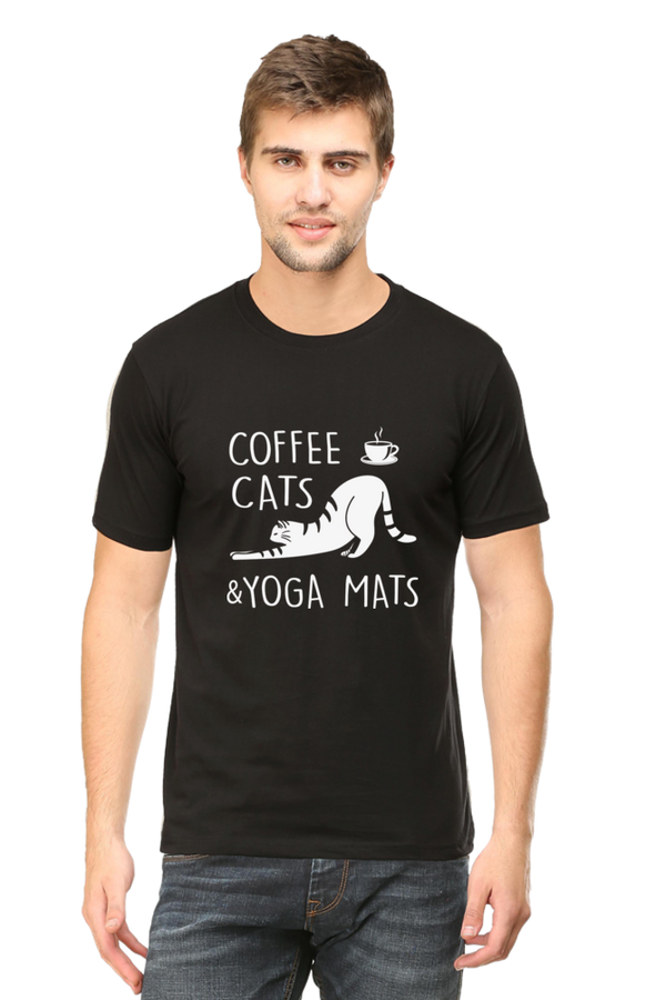 Men Half Sleeves Classic T-Shirt - Coffee Cats Yoga Mats - Anu & Alex