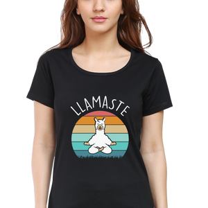 Women Round Neck Half Sleeves Classic T-Shirt - Lama Yoga Pose Meditation - Anu & Alex