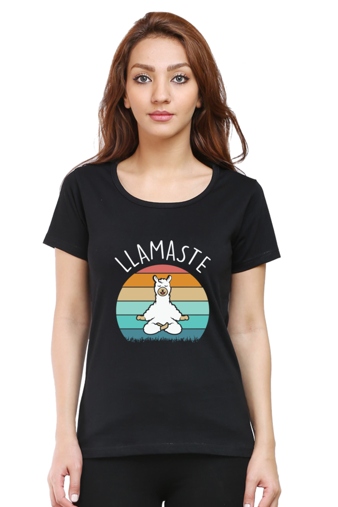 Women Round Neck Half Sleeves Classic T-Shirt - Lama Yoga Pose Meditation - Anu & Alex