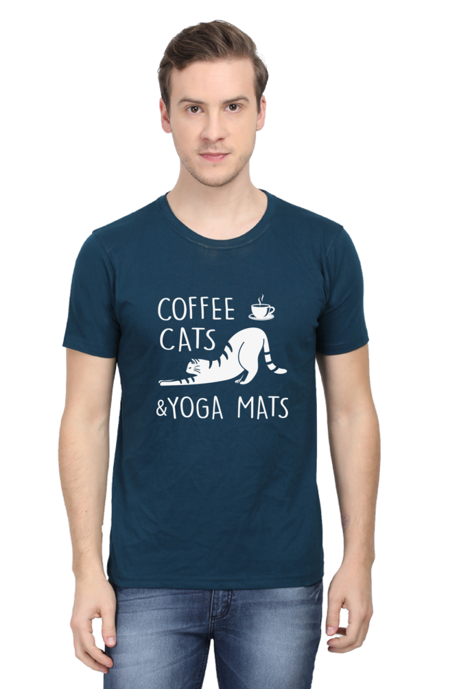 Men Half Sleeves Classic T-Shirt - Coffee Cats Yoga Mats - Anu & Alex