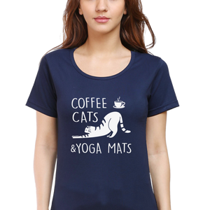 Women Round Neck Half Sleeves Classic T-Shirt - Coffee Cats Yoga Mats - Anu & Alex