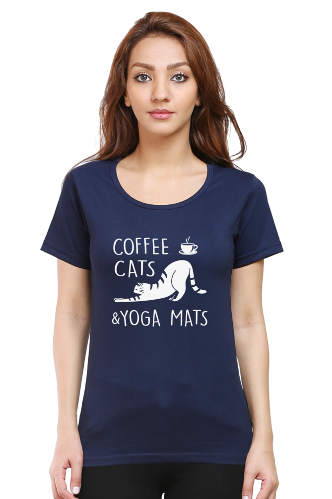 Women Round Neck Half Sleeves Classic T-Shirt - Coffee Cats Yoga Mats - Anu & Alex