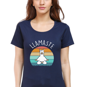 Women Round Neck Half Sleeves Classic T-Shirt - Lama Yoga Pose Meditation - Anu & Alex