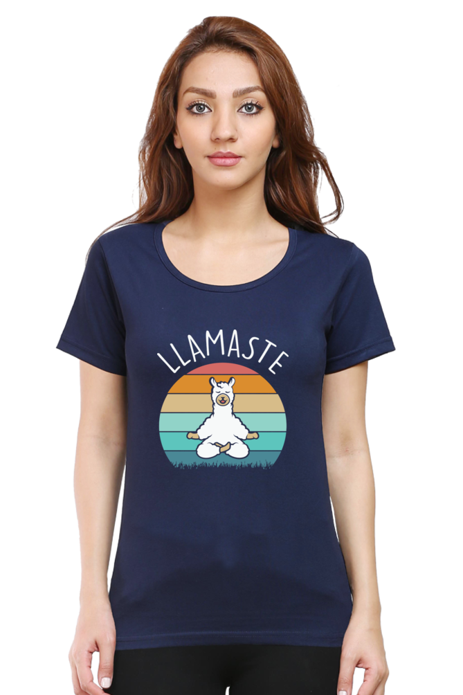 Women Round Neck Half Sleeves Classic T-Shirt - Lama Yoga Pose Meditation - Anu & Alex