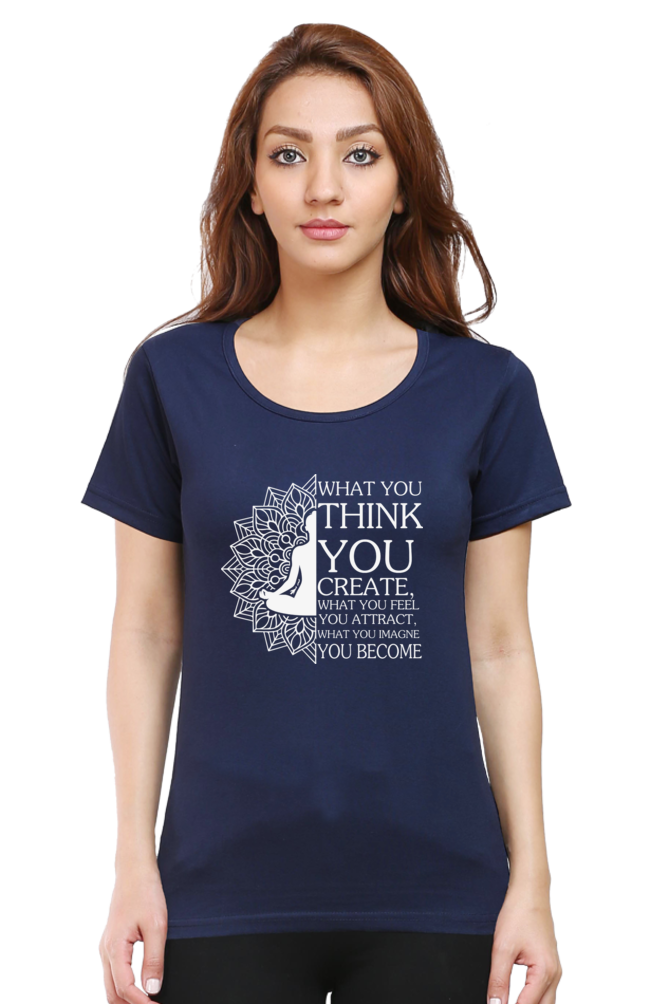 Women Round Neck Half Sleeves Classic T-Shirt - Law Of Attraction Buddha - Anu & Alex