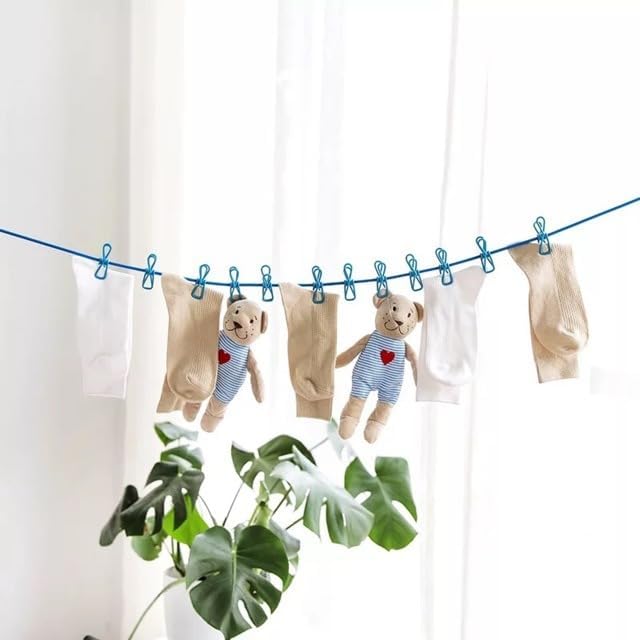 Elastic Cloth Drying Rope with 12 Metal Clip Portable Clothes line For Home & Travel