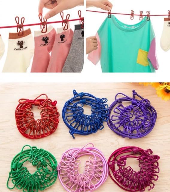 Elastic Cloth Drying Rope with 12 Metal Clip Portable Clothes line For Home & Travel