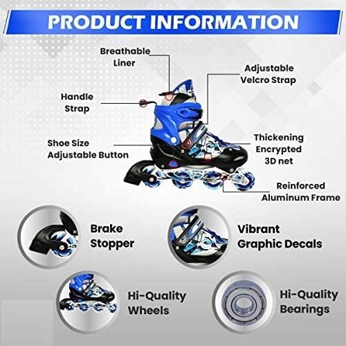 Adjustable Size Inline Skates with LED Flash Light On Wheels for Kids - Age 7 to14 Years (Multicolour - Multidesign, Multicolour-Multidesign, Unisex-Baby)
