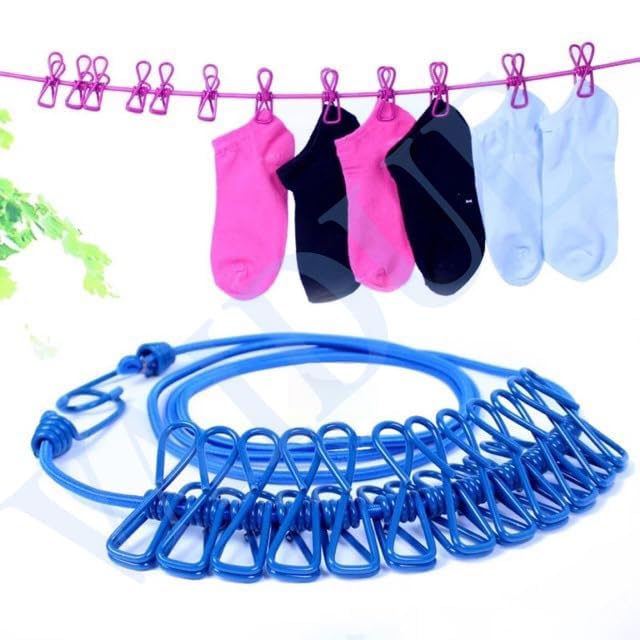 Elastic Cloth Drying Rope with 12 Metal Clip Portable Clothes line For Home & Travel