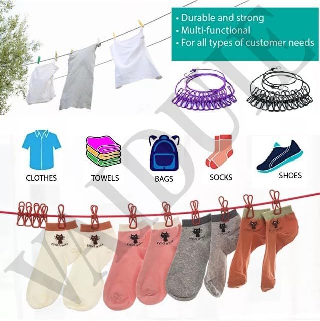 Elastic Cloth Drying Rope with 12 Metal Clip Portable Clothes line For Home & Travel