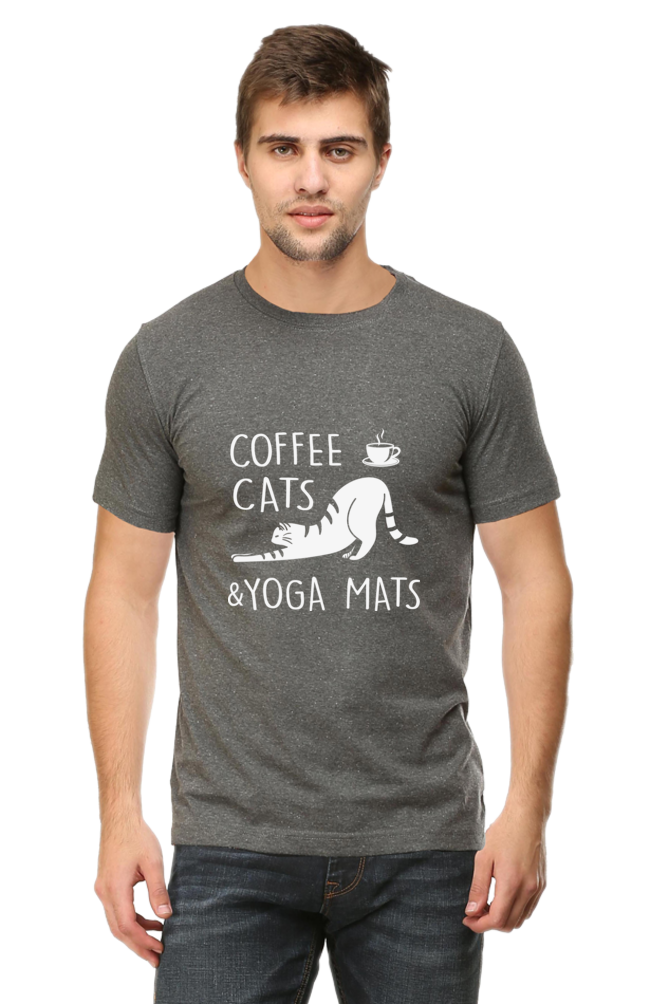 Men Half Sleeves Classic T-Shirt - Coffee Cats Yoga Mats - Anu & Alex