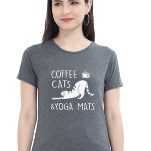 Women Round Neck Half Sleeves Classic T-Shirt - Coffee Cats Yoga Mats - Anu & Alex