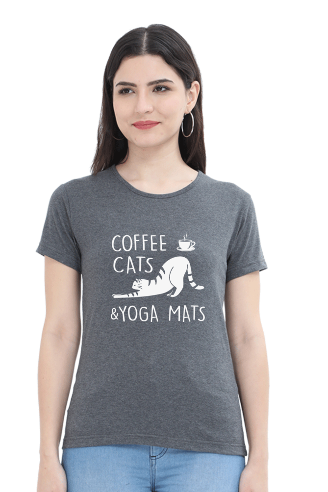 Women Round Neck Half Sleeves Classic T-Shirt - Coffee Cats Yoga Mats - Anu & Alex