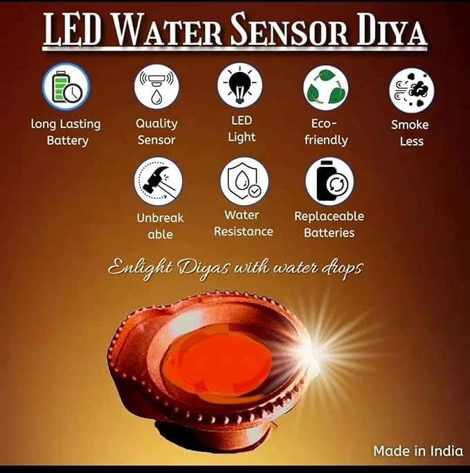 Water Sensor LED Diya for Home Diwali Decoration (Pack of 12) | Smokeless & Fireless LED Light Diyas | Warm Lights Diyas for Diwali Decoration, Festival, Balcony, Garden Home & Office