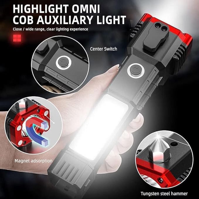 8 in 1 Life-Saving Hammer Torch Light Tool with Rechargeable LED Flashlight Long Beam Range with Power Bank,Magnet,Glass Breaker and Seat Belt Cutter