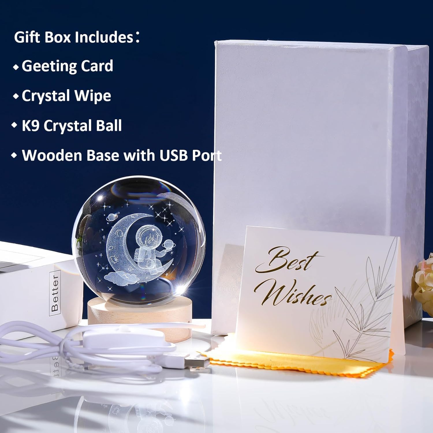 Moon Astronaut Crystal Ball Night Lamp USB Table Colorful LED Wooden Crystal Ball for Home Decoration (Moon Astronaut)