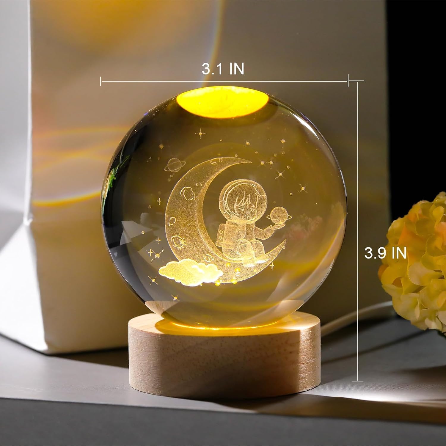 Moon Astronaut Crystal Ball Night Lamp USB Table Colorful LED Wooden Crystal Ball for Home Decoration (Moon Astronaut)