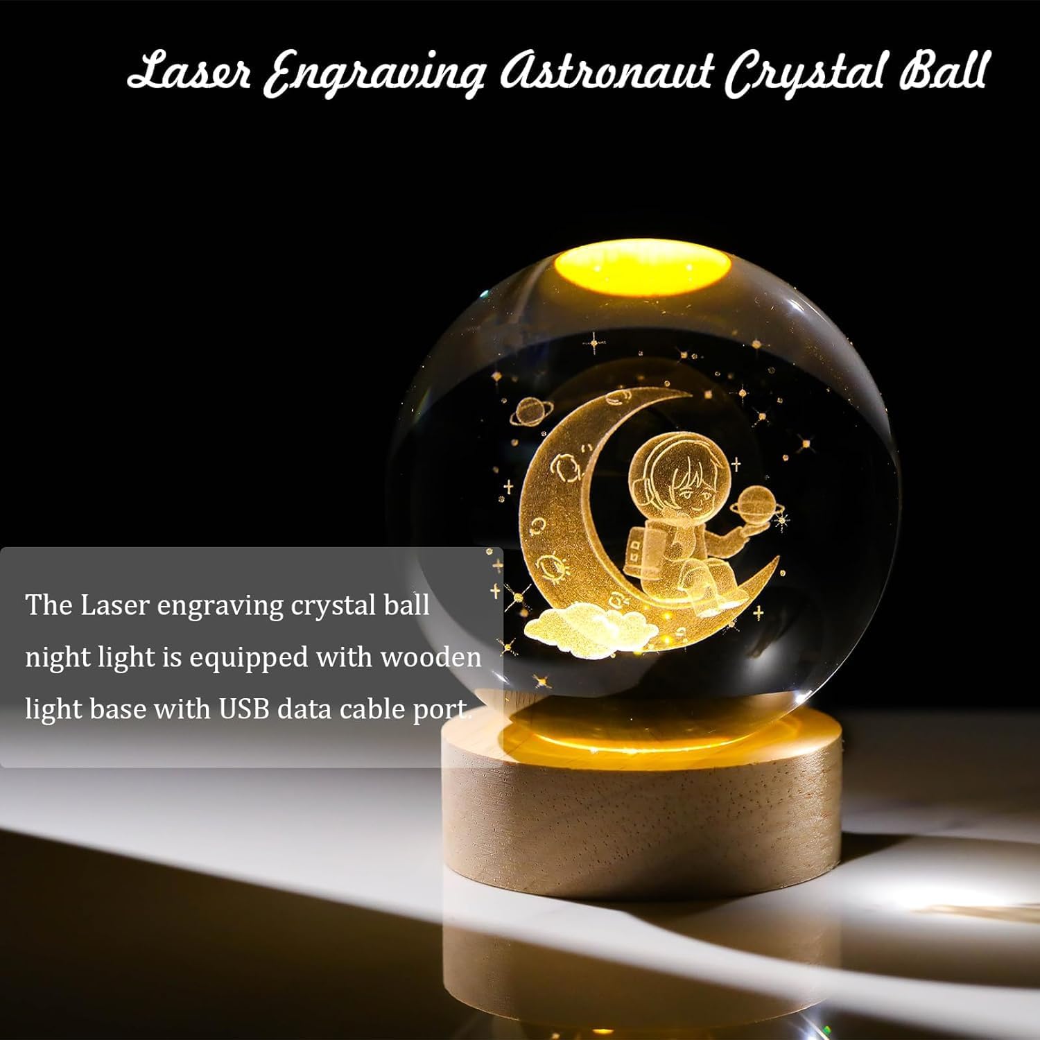 Moon Astronaut Crystal Ball Night Lamp USB Table Colorful LED Wooden Crystal Ball for Home Decoration (Moon Astronaut)