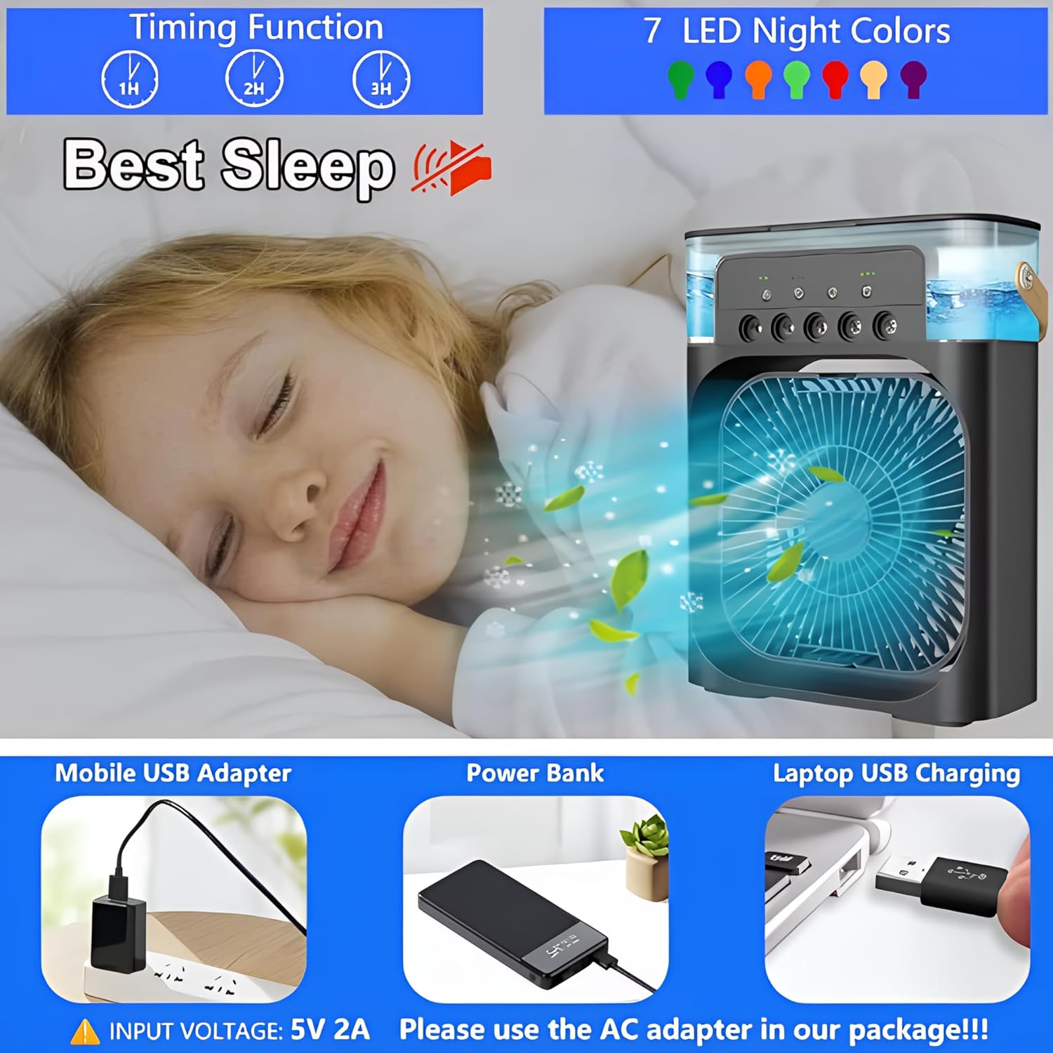 Portable Air Conditioner Fan 7 Color Changing Light (Big / 1 Pc)