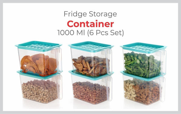 Fridge storage containers - jar Set Plastic Refrigerator Box with Handles 1000 ml (Pack of 6, Blue) - Anu & Alex