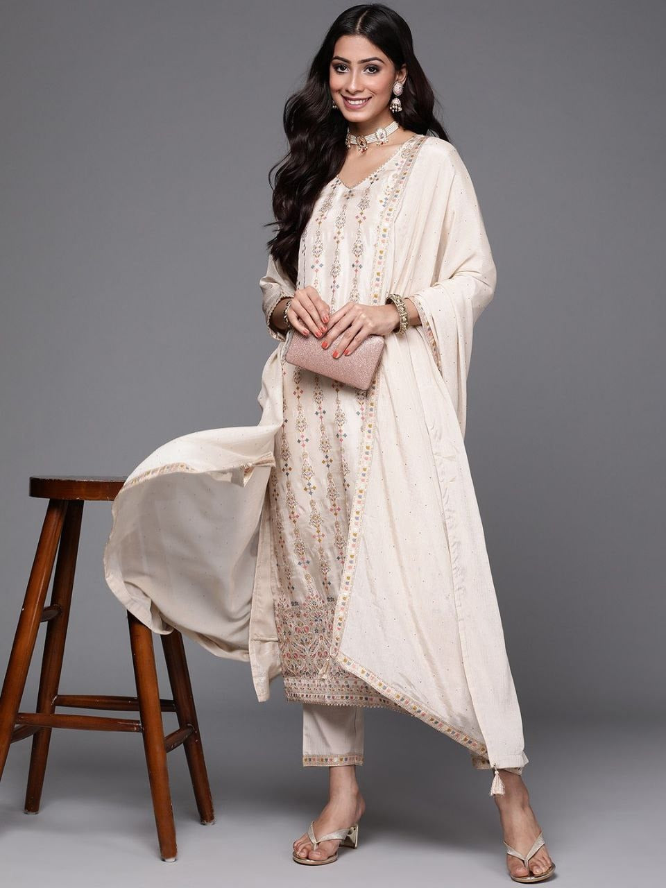 Women White Color Pure Viscose Silk Kurti Pant With Dupatta