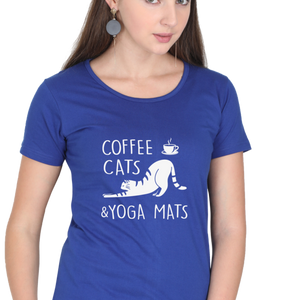 Women Round Neck Half Sleeves Classic T-Shirt - Coffee Cats Yoga Mats - Anu & Alex