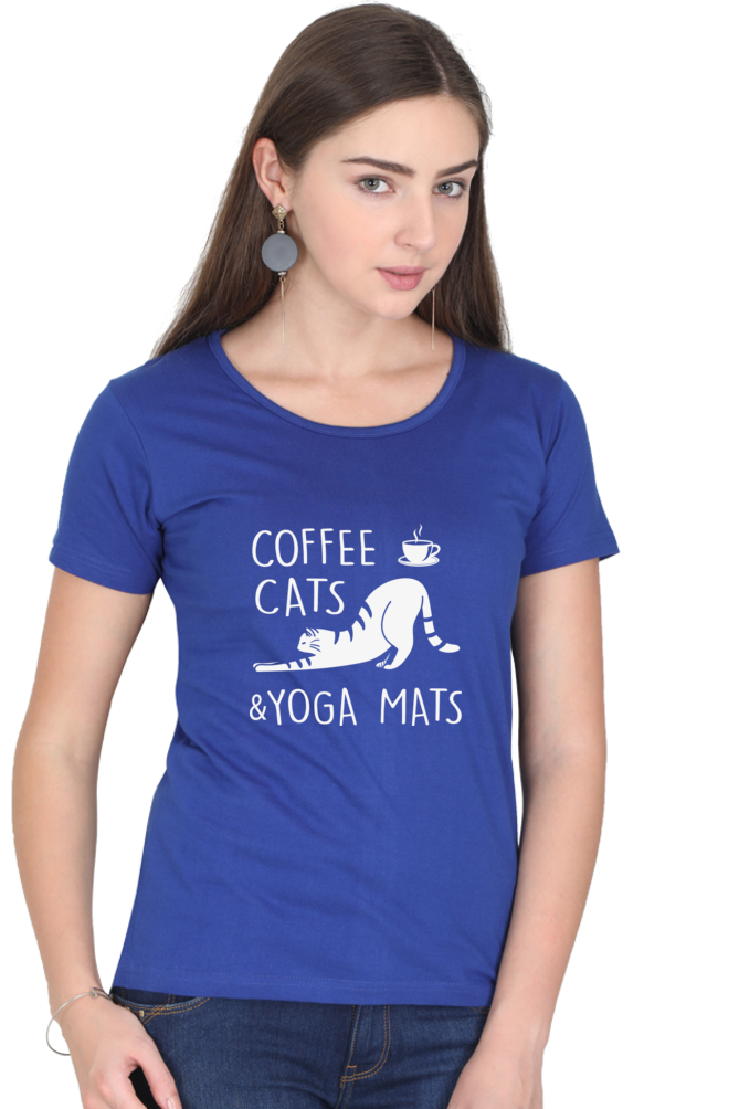 Women Round Neck Half Sleeves Classic T-Shirt - Coffee Cats Yoga Mats - Anu & Alex