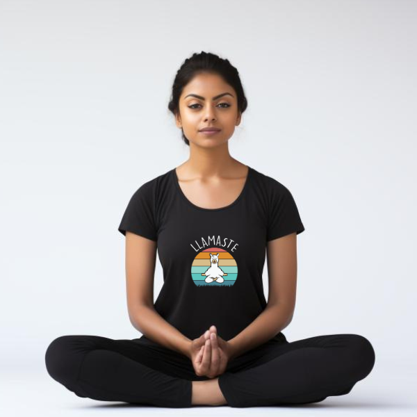 Women Round Neck Half Sleeves Classic T-Shirt - Lama Yoga Pose Meditation - Anu & Alex