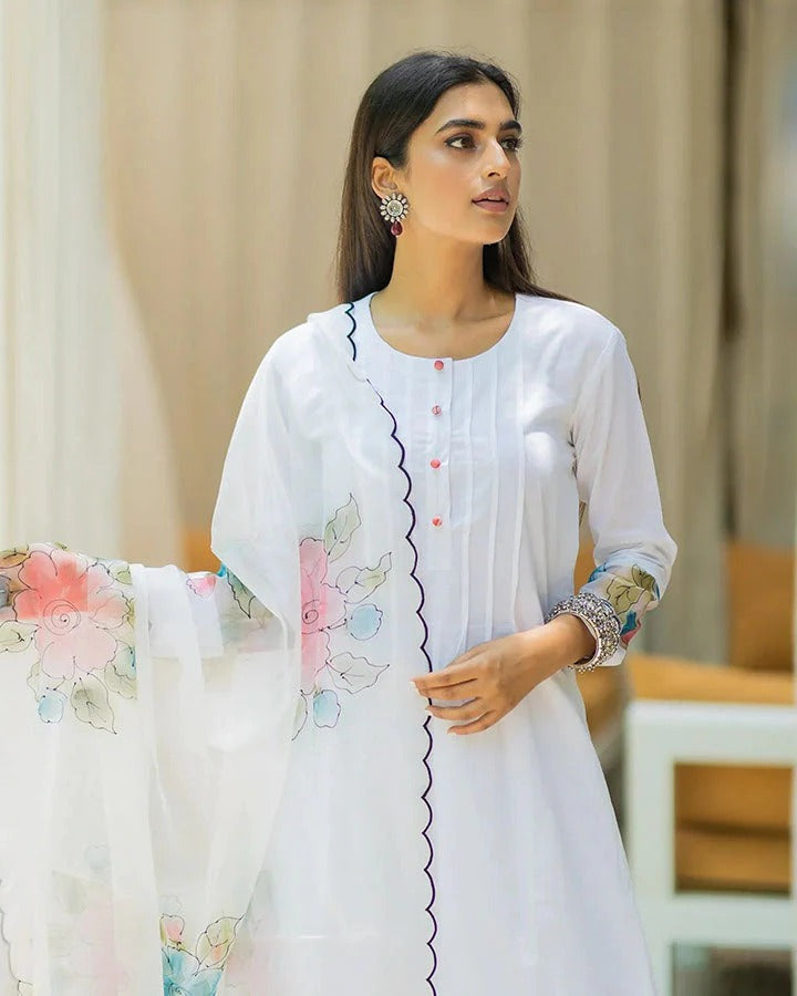 White Kurta with Trousers & With Dupatta