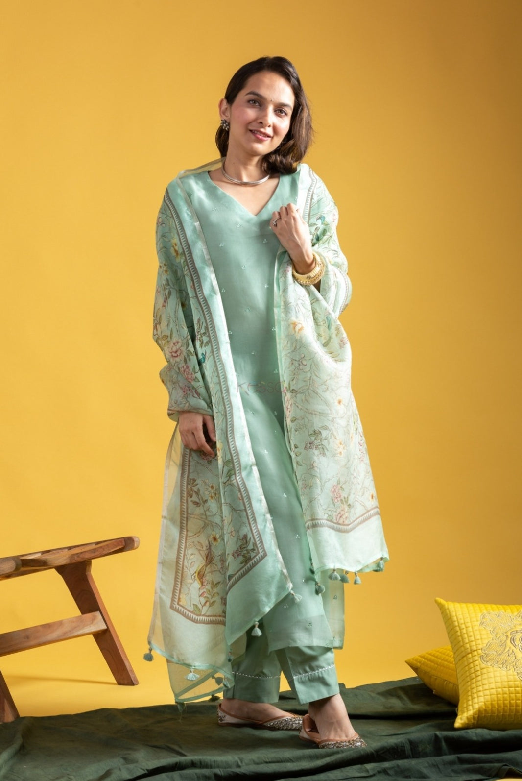 Women Pista Butti Chanderi Silk Kurta with Trousers & With Dupatta