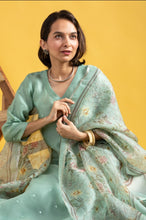 Women Pista Butti Chanderi Silk Kurta with Trousers & With Dupatta