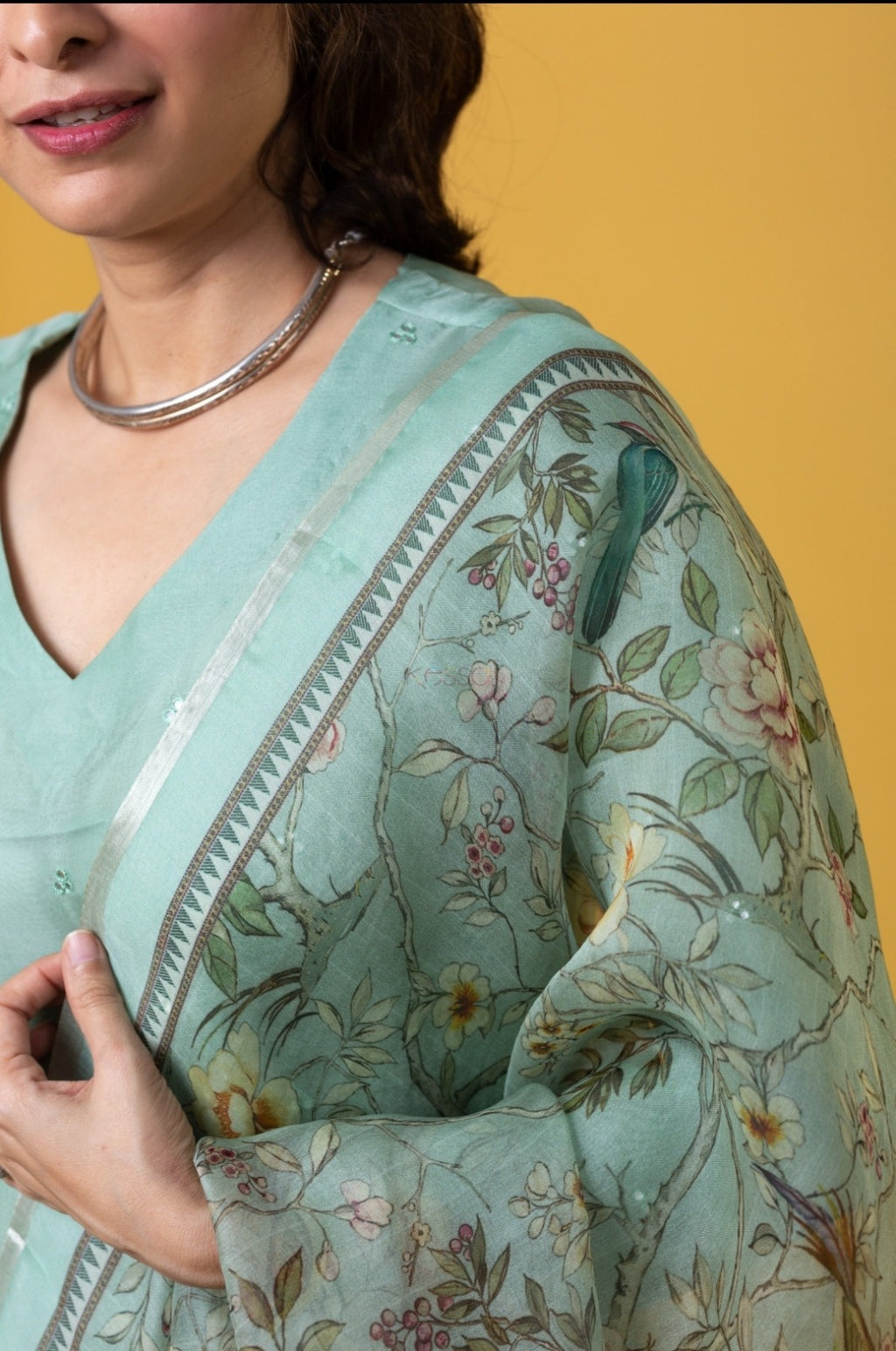 Women Pista Butti Chanderi Silk Kurta with Trousers & With Dupatta