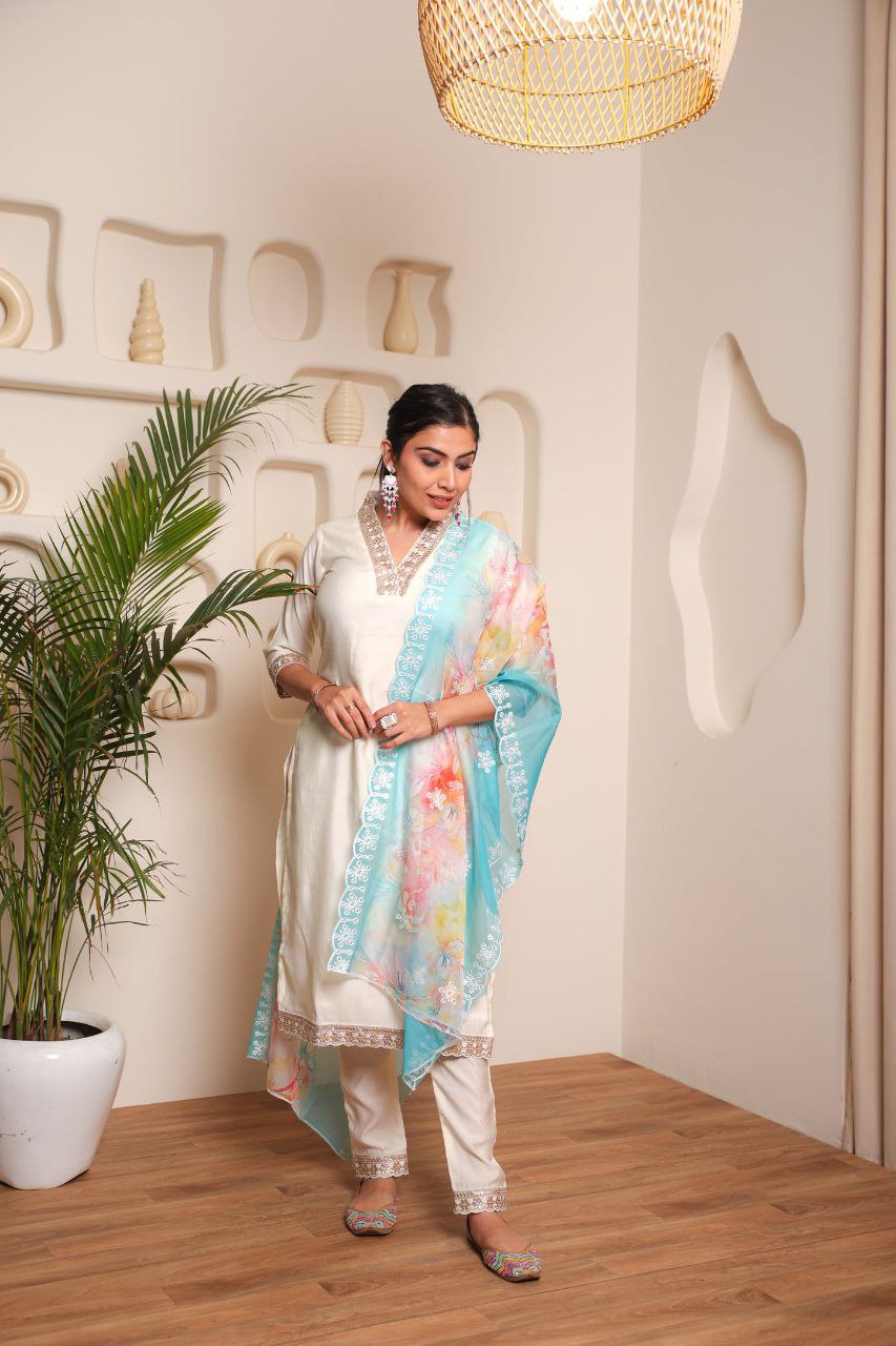 Women PV - Chanderi Cotton Kurta with Trousers & With Dupatta