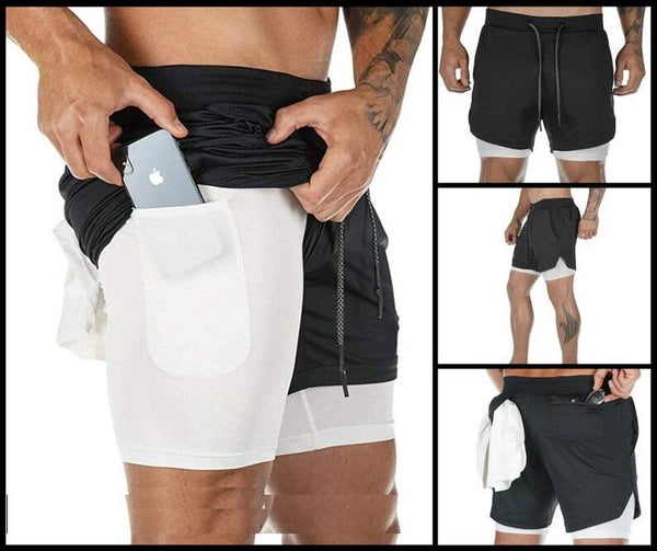 2 in 1 Running Shorts Built in Base Layer Pants Pocket - Anu & Alex