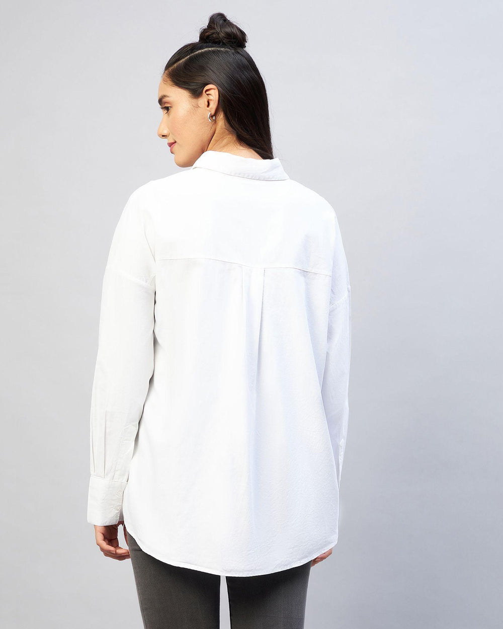 Women's Cotton Solid Longline Style - White Shirt - Anu & Alex