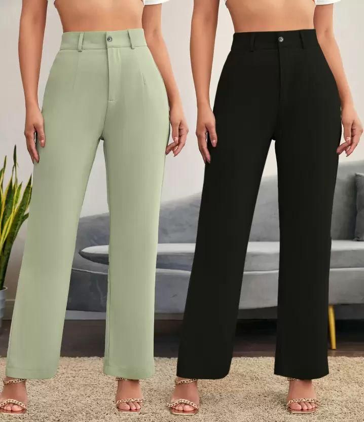 Elegant Pista & Black Lycra Solid Trousers Combo For Women - Anu & Alex