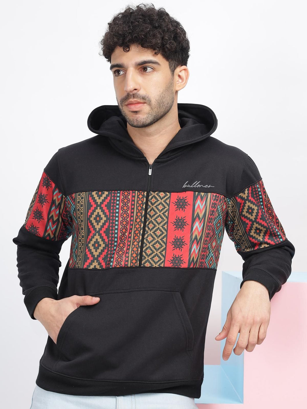 Men's Fleece Half Geometric Print Hoodie - Anu & Alex