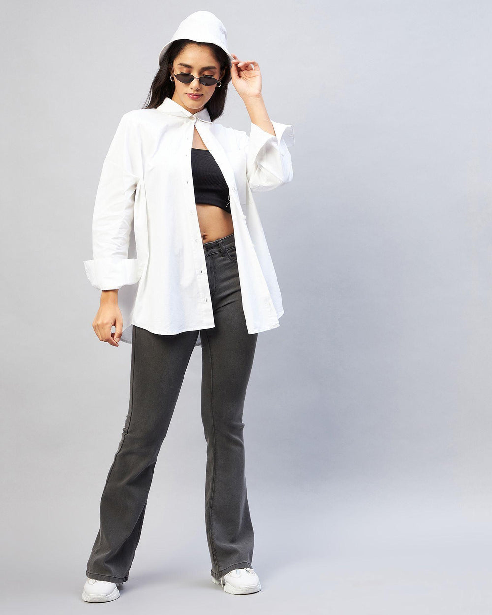 Women's Cotton Solid Longline Style - White Shirt - Anu & Alex