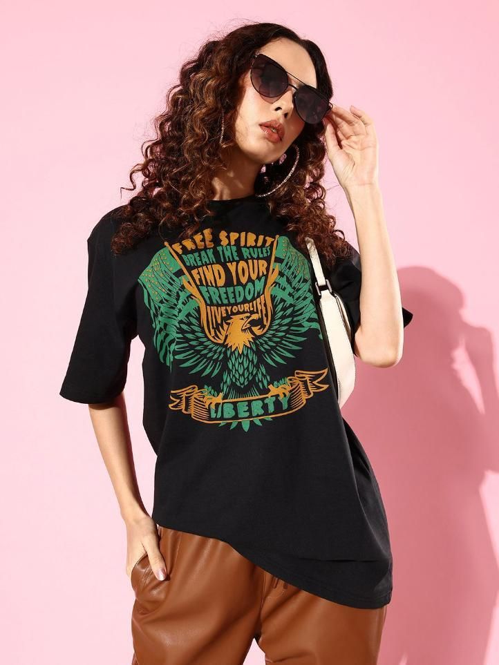 Difference of Opinion Cotton Black Graphic Oversized T-Shirt for Women's - Anu & Alex