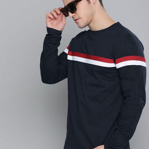 Cotton Solid With Striped Full Sleeves T-Shirt - Anu & Alex