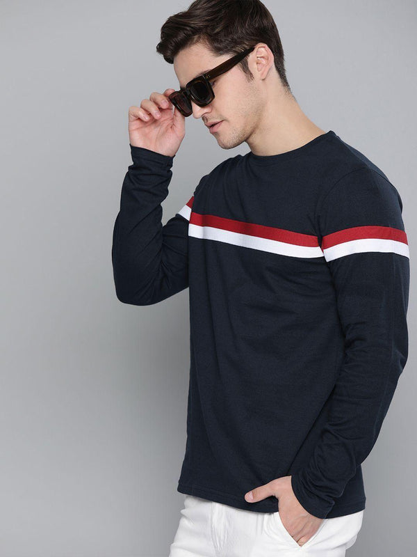 Cotton Solid With Striped Full Sleeves T-Shirt - Anu & Alex