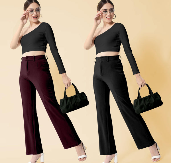Elegant Wine & Black Lycra Solid Trousers Combo For Women - Anu & Alex
