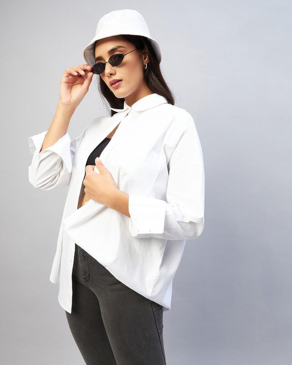 Women's Cotton Solid Longline Style - White Shirt - Anu & Alex