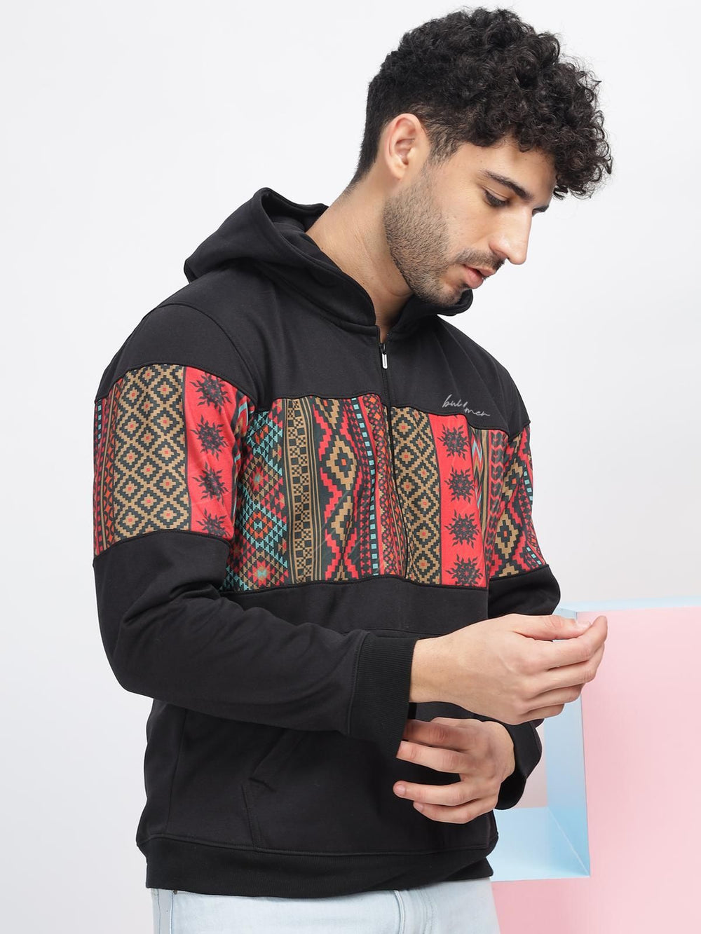 Men's Fleece Half Geometric Print Hoodie - Anu & Alex