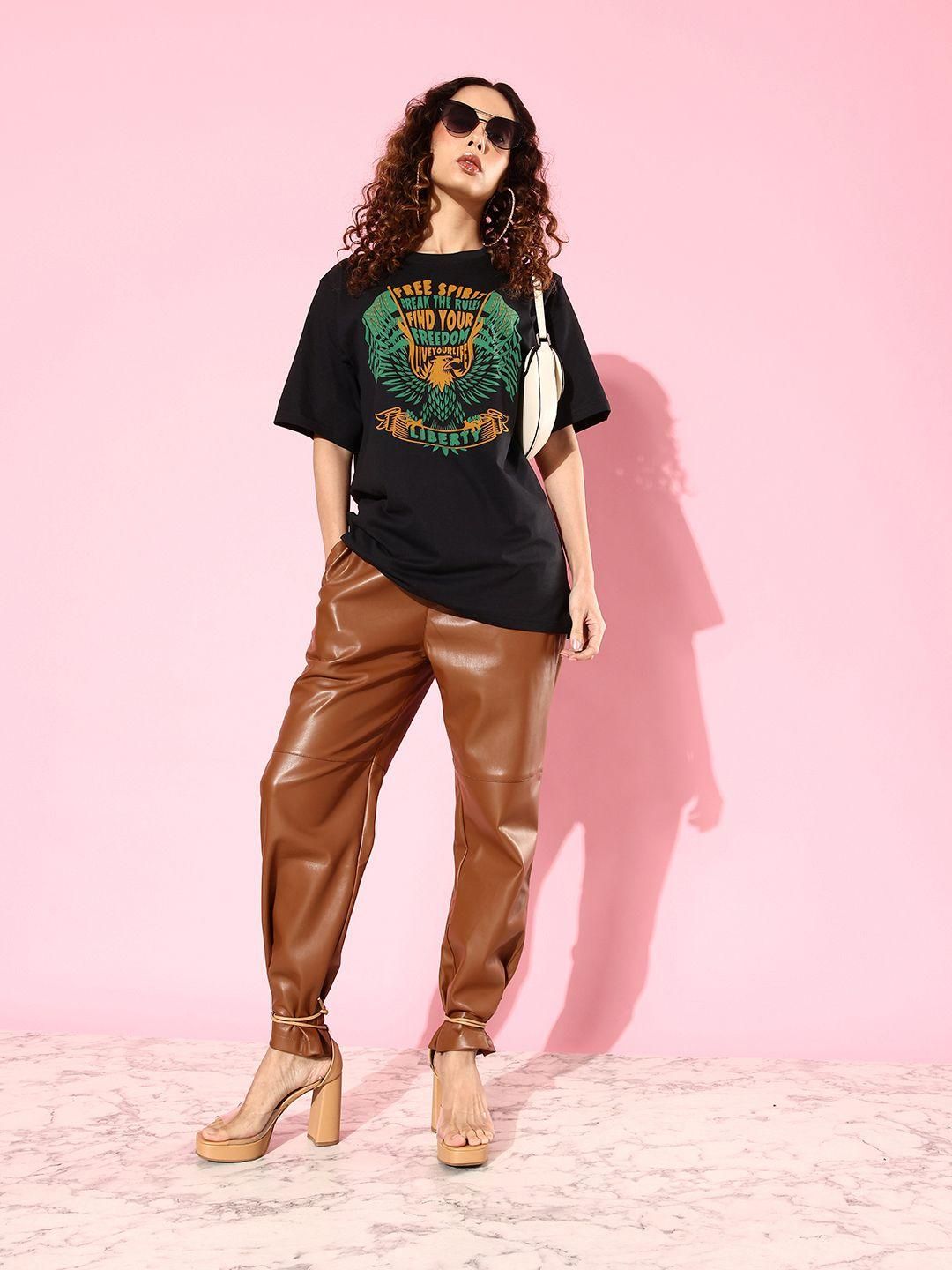Difference of Opinion Cotton Black Graphic Oversized T-Shirt for Women's - Anu & Alex